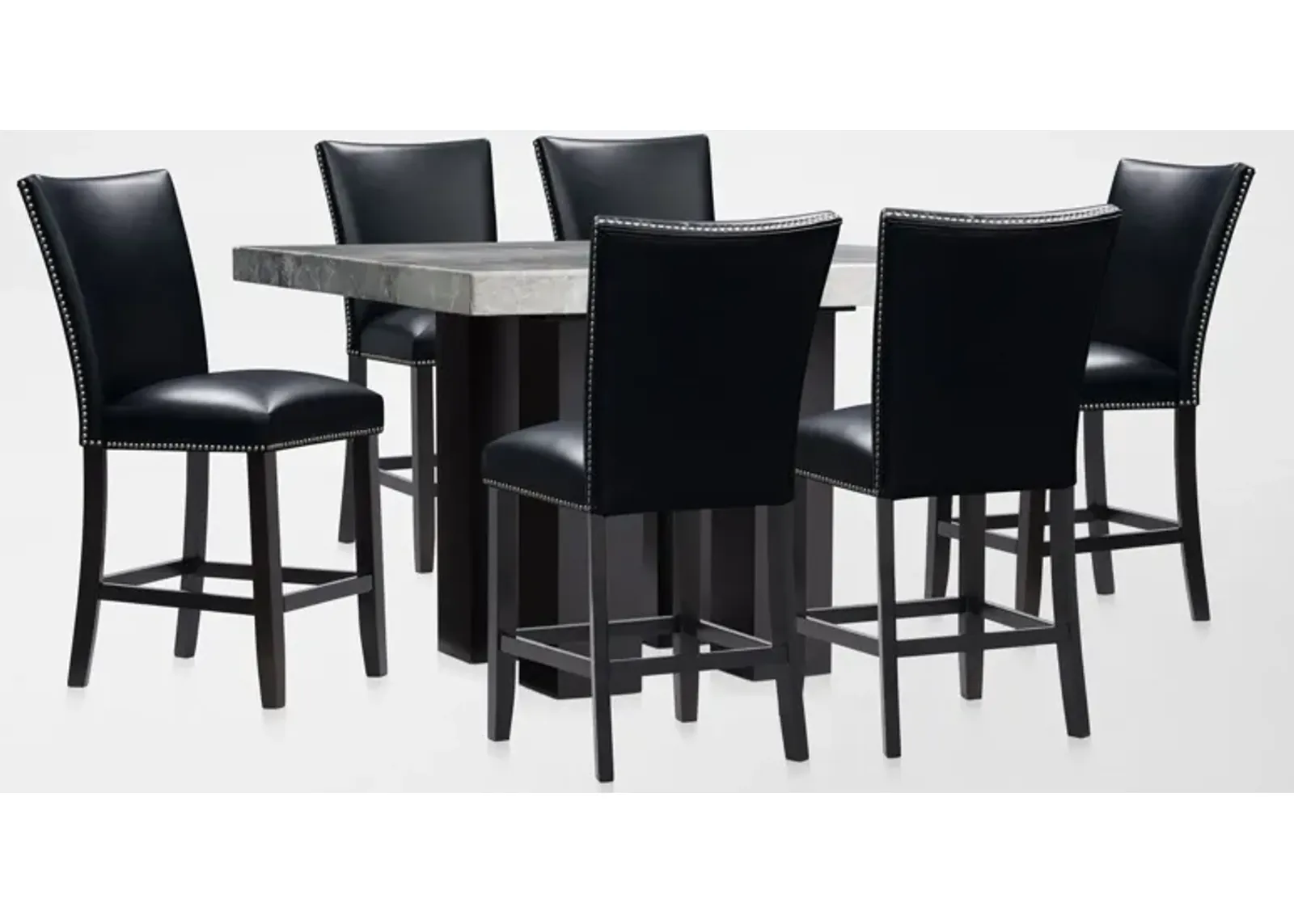 Artemis Marble Counter-Height Dining Table and 6 Upholstered Stools - Gray Marble/Black