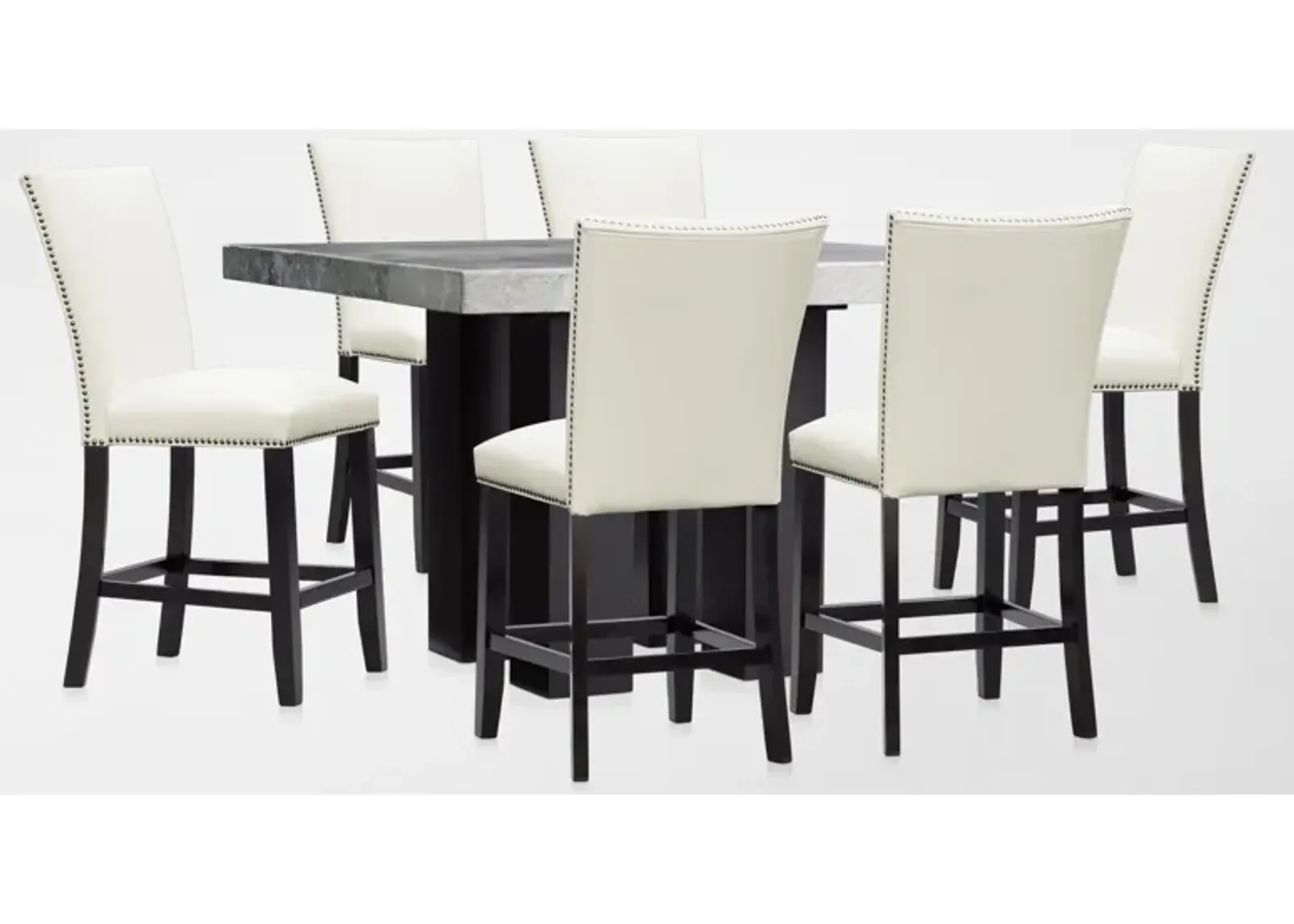 Artemis Marble Counter-Height Dining Table and 6 Upholstered Stools - Gray Marble/White