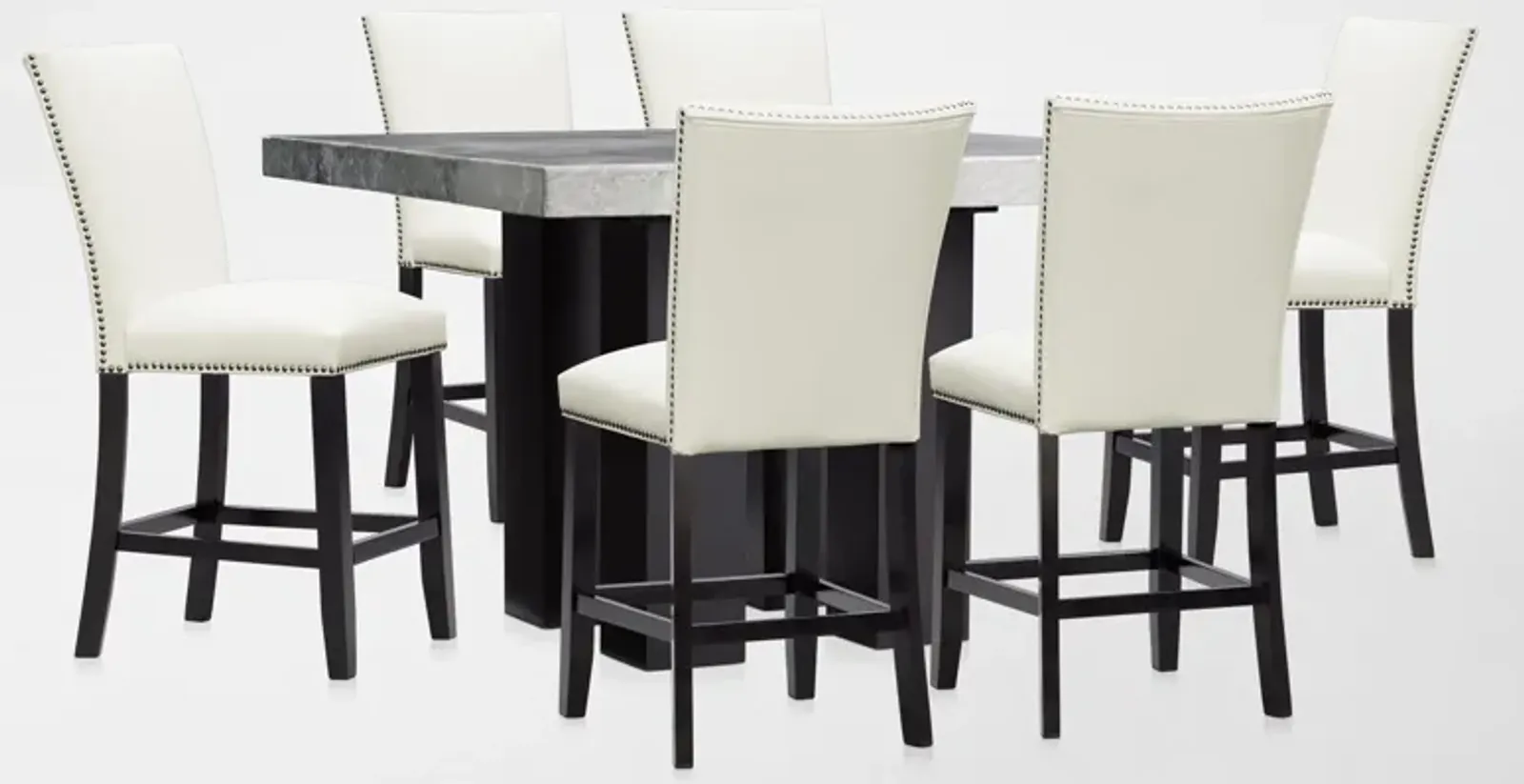 Artemis Marble Counter-Height Dining Table and 6 Upholstered Stools - Gray Marble/White