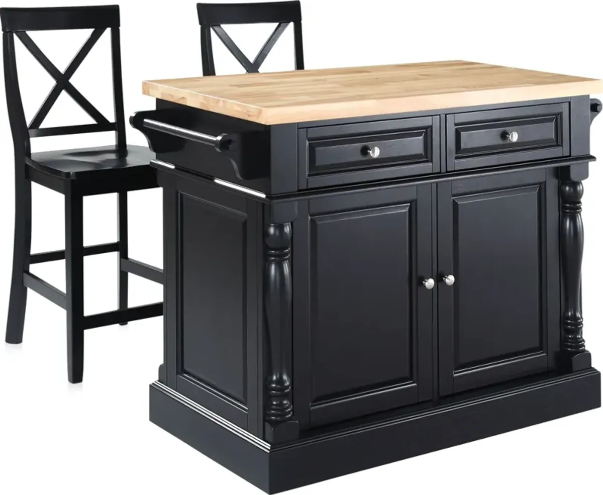 Warren Kitchen Island and Set of 2 X-Back Stools - Black/ Wood Top