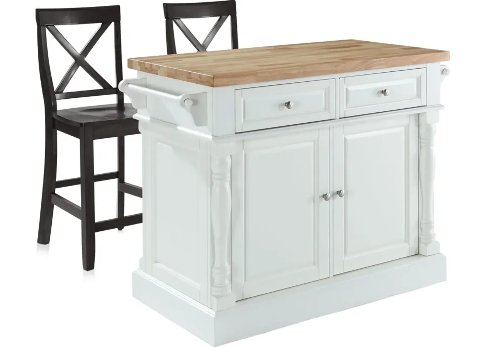 Warren Kitchen Island and Set of 2 X-Back Stools - White/ Wood Top