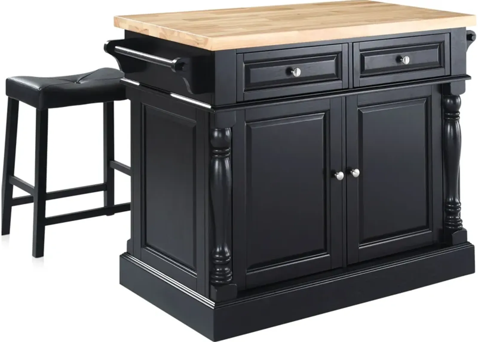 Warren Kitchen Island and Set of 2 Stools - Black/ Wood Top