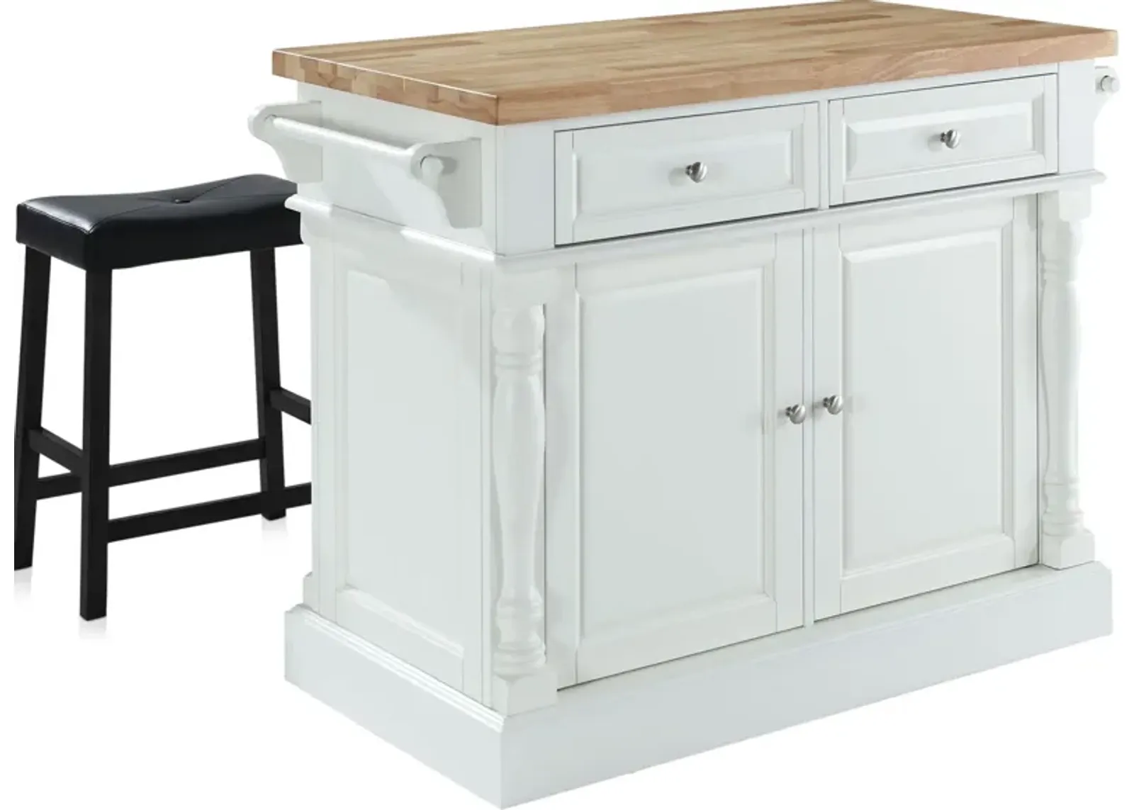 Warren Kitchen Island and Set of 2 Stools - White/ Wood Top