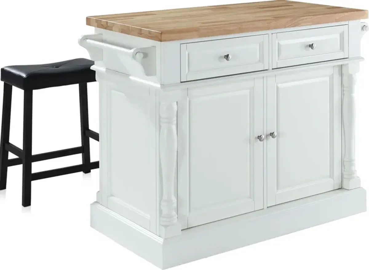 Warren Kitchen Island and Set of 2 Stools - White/ Wood Top