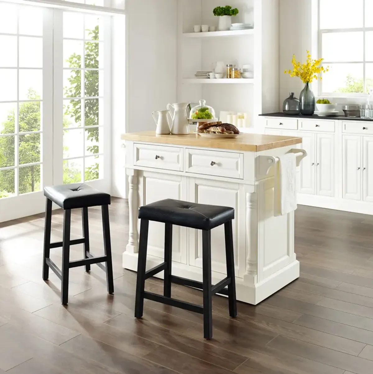 Warren Kitchen Island and Set of 2 Stools - White/ Wood Top