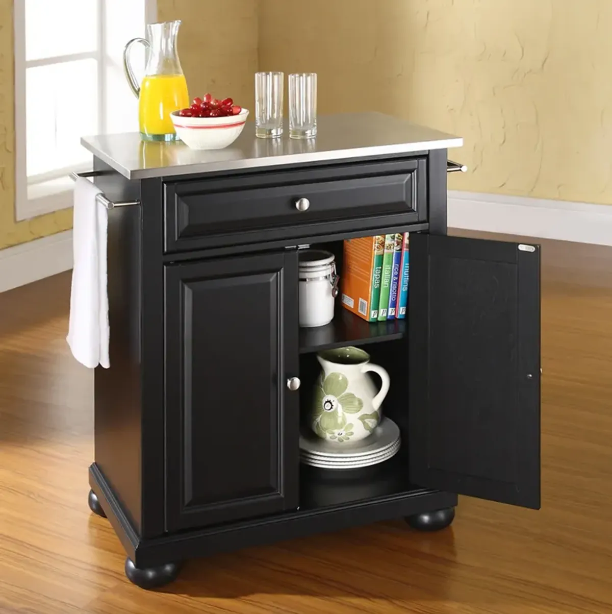 Alina Small Kitchen Island - Black/Stainless Steel Top