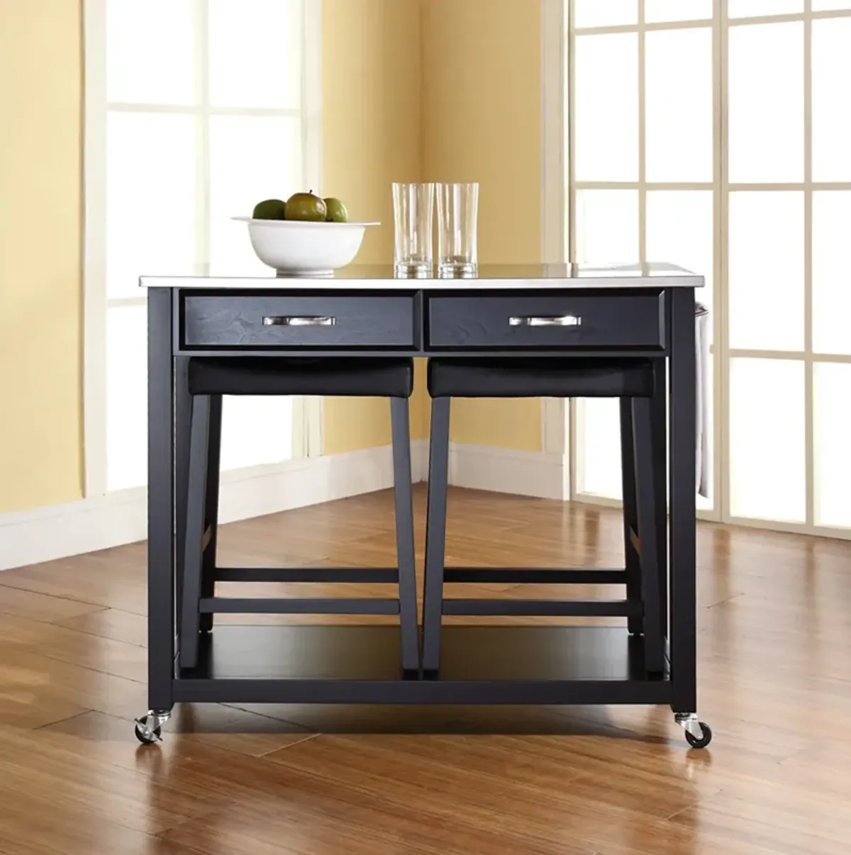 Elias Kitchen Cart and Set of 2 Stools - Black/Marble Top