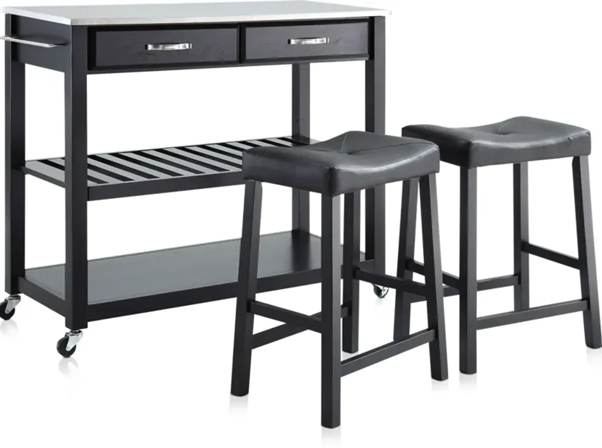 Elias Kitchen Cart and Set of 2 Stools - Black/Marble Top