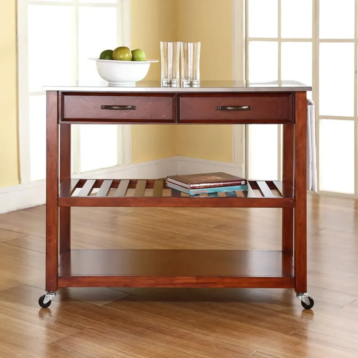 Elias Kitchen Cart  - Cherry/Stainless Steel Top