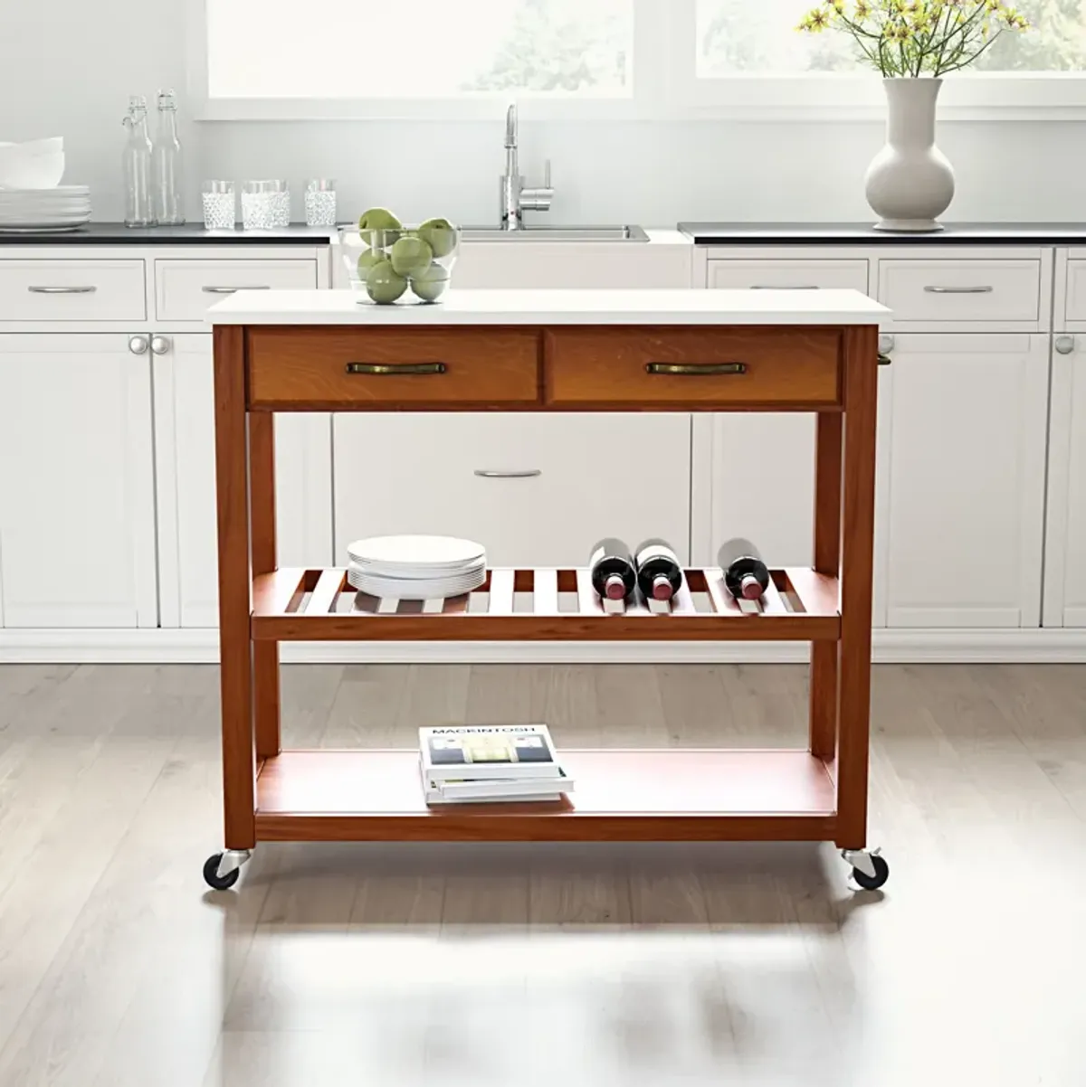 Elias Kitchen Cart  - Cherry/White Granite Top