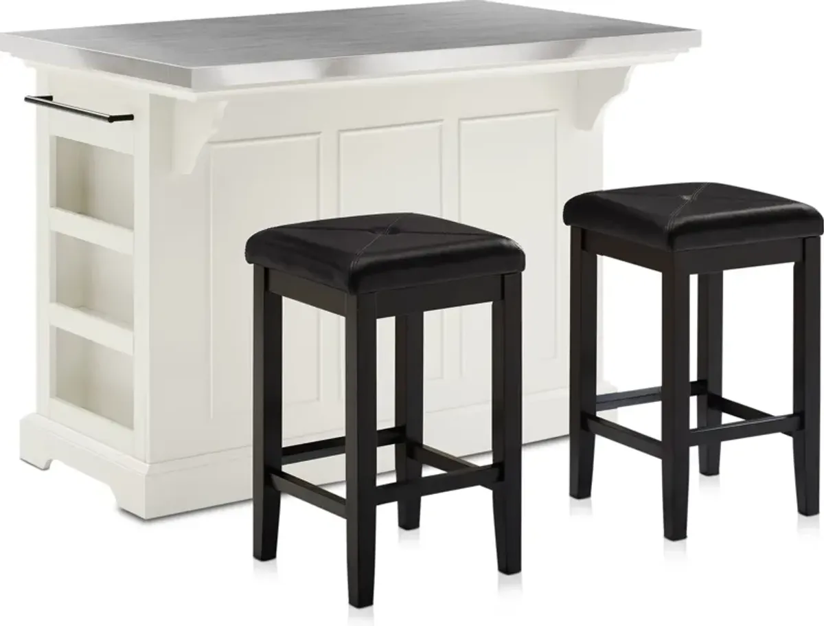 Wells Kitchen Island and Set of 2 Square Stools - White/Stainless Steel Top