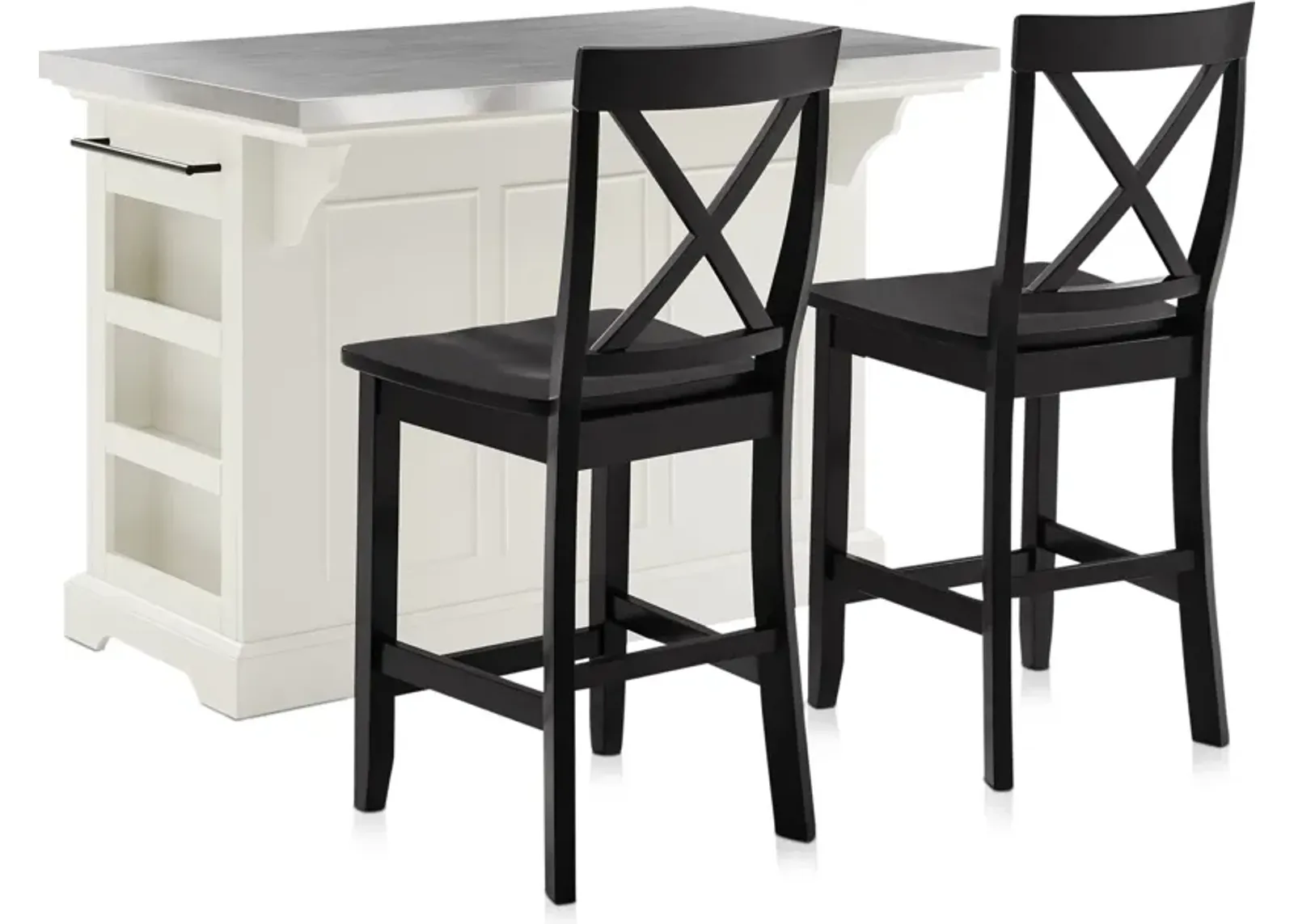 Wells Kitchen Island and Set of 2 X-Back Stools - White/Stainless Steel Top