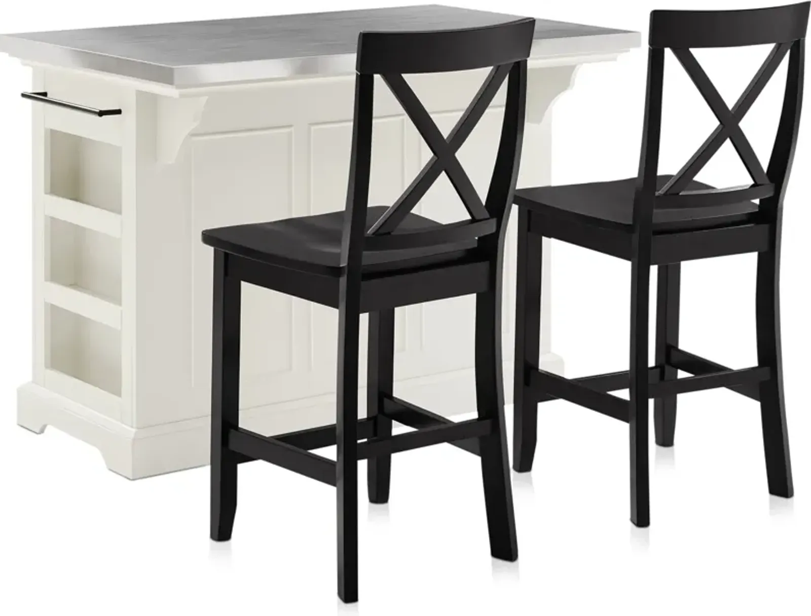 Wells Kitchen Island and Set of 2 X-Back Stools - White/Stainless Steel Top