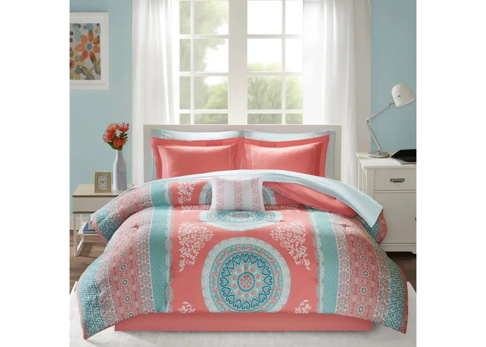 Carise Twin Comforter and Sheet Set - Coral