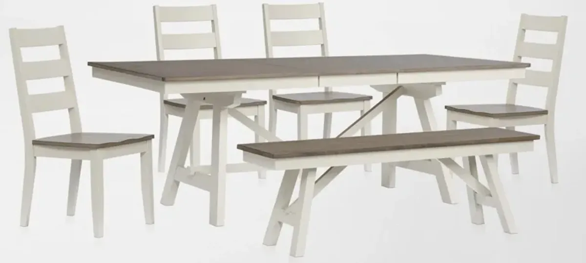 Maxwell Solid Wood Trestle Extendable Dining Table, 4 Chairs and Bench - Gray