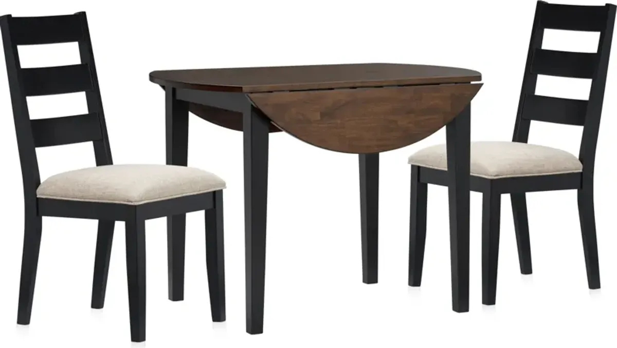 Maxwell Solid Wood Drop-Leaf Dining Table and 2 Upholstered Chairs - Black