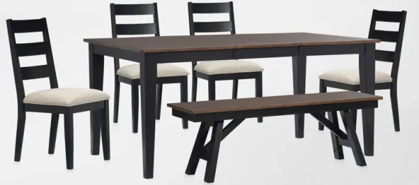 Maxwell Solid Wood Extendable Dining Table, Bench and 4 Upholstered Dining Chairs - Black
