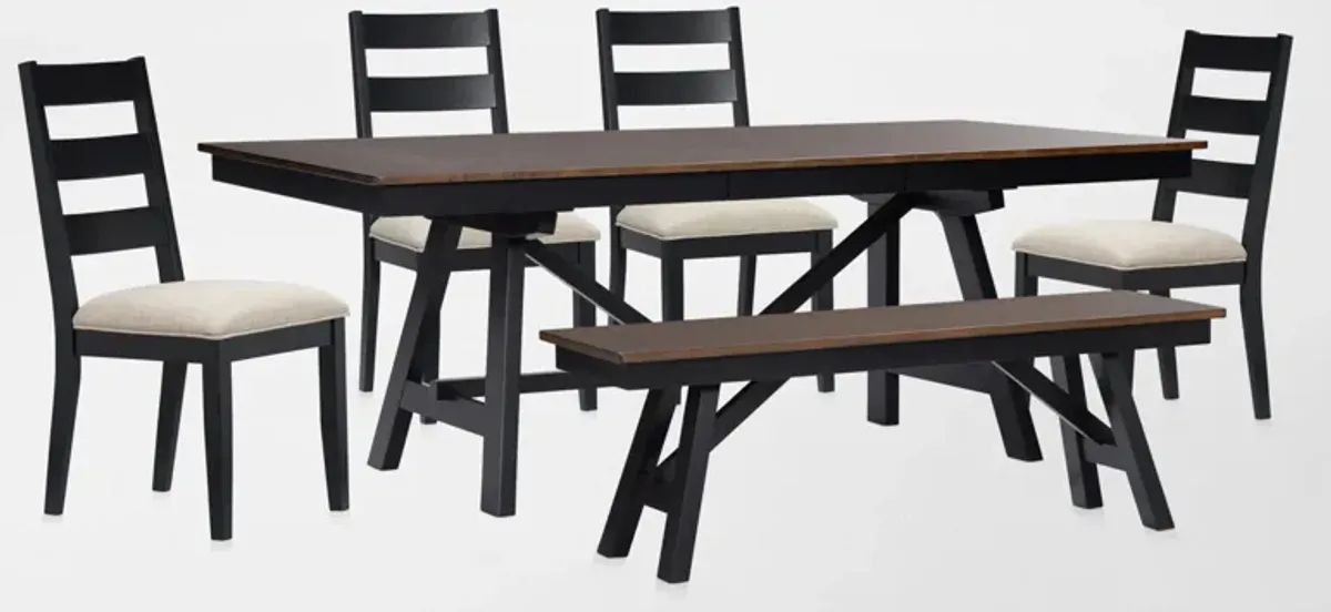 Maxwell Trestle Extendable Dining Table, 4 Upholstered Chairs and Bench - Black