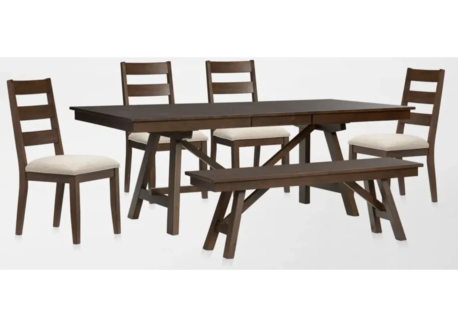 Maxwell Trestle Extendable Dining Table, 4 Upholstered Chairs and Bench - Hickory