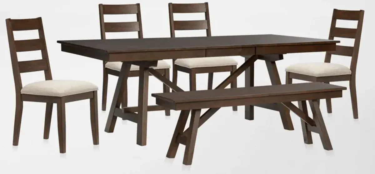 Maxwell Trestle Extendable Dining Table, 4 Upholstered Chairs and Bench - Hickory