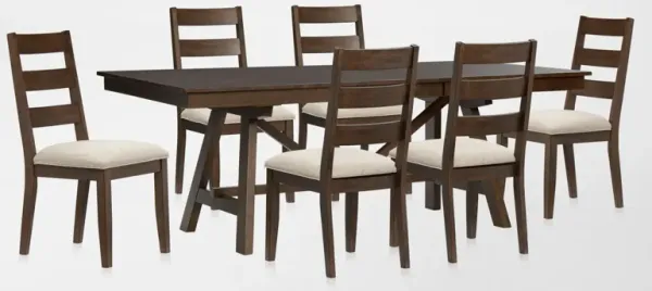 Maxwell Solid Wood Trestle Extendable Dining Table and 6 Upholstered Chairs - Hickory