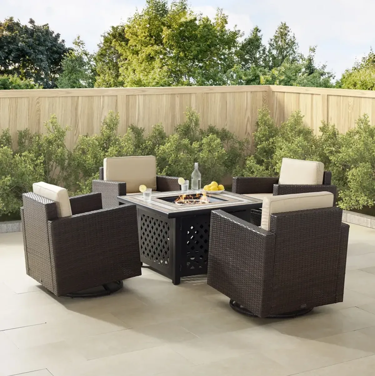 Aldo Set of 4 Outdoor Swivel Chairs and Fire Table Set - Sand