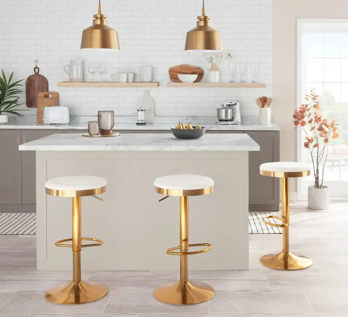 Noa Set of 2 Adjustable Swivel Bar Stools - Gold/Cream