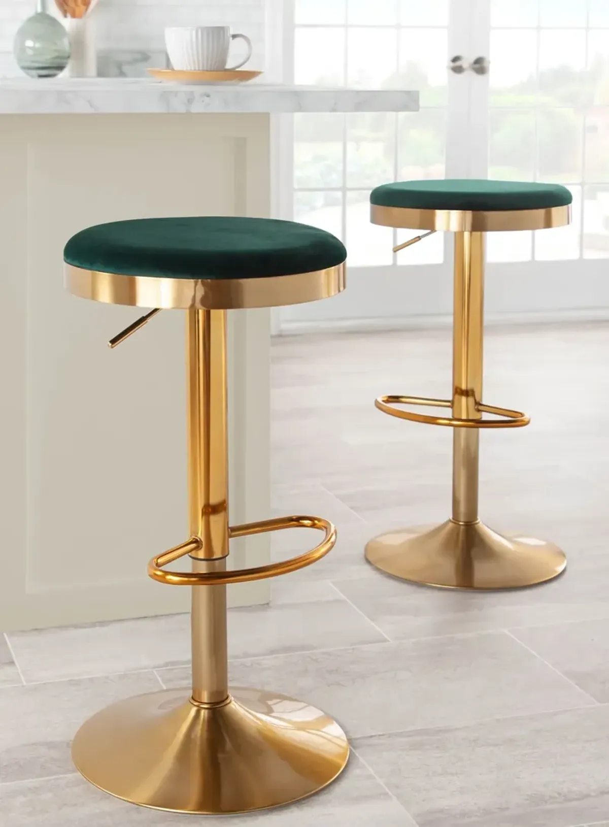 Noa Set of 2 Adjustable Swivel Bar Stools - Gold/Green