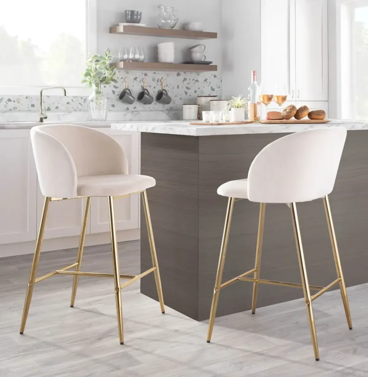 Hermione Set of 2 Counter-Height Stools - Gold/Cream