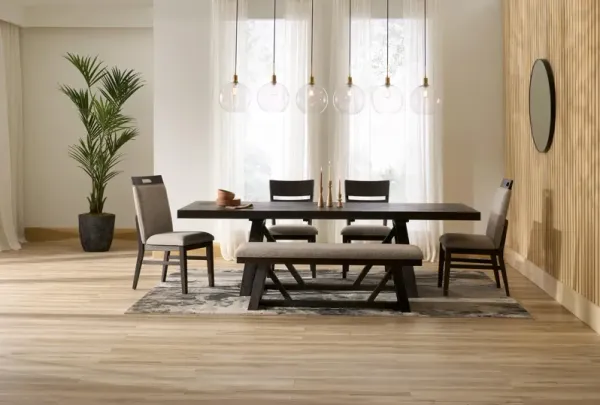 Edison Extendable Dining Table, 4 Upholstered Chairs and Bench