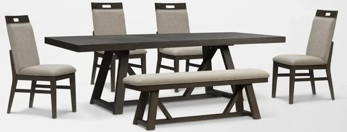 Edison Extendable Dining Table, 4 Upholstered Chairs and Bench