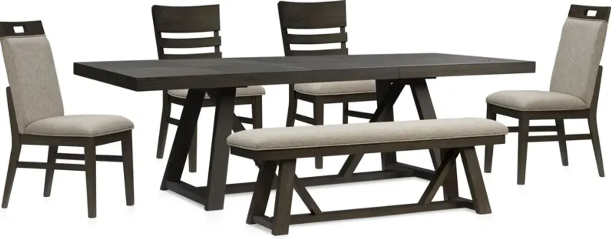 Edison Extendable Dining Table, 2 Upholstered Chairs, 2 Dining Chairs and Bench