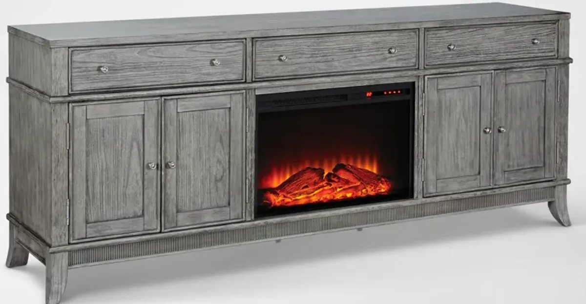 Hazel 84" TV Stand with Traditional Fireplace - Gray