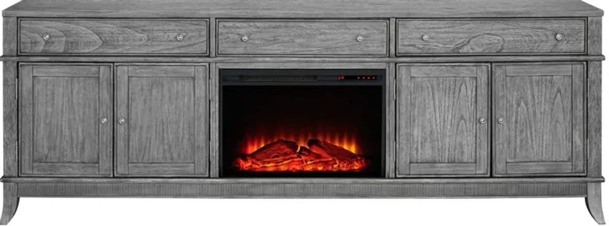 Hazel 94" TV Stand with Traditional Fireplace - Gray