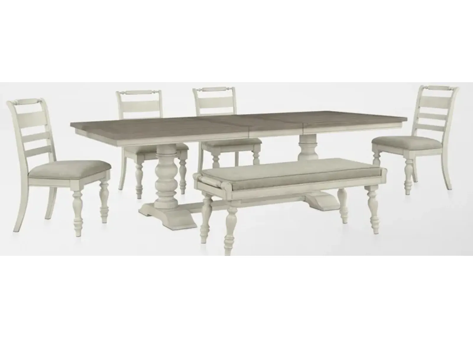 Vineyard Rectangular Extendable Dining Table, 4 Dining Chairs and Bench - Ivory