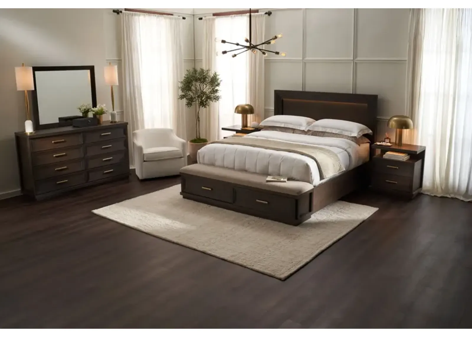 Arielle 6-Piece King Bedroom Set with Storage Bed, Nightstand with USB Charging, Dresser and Mirror