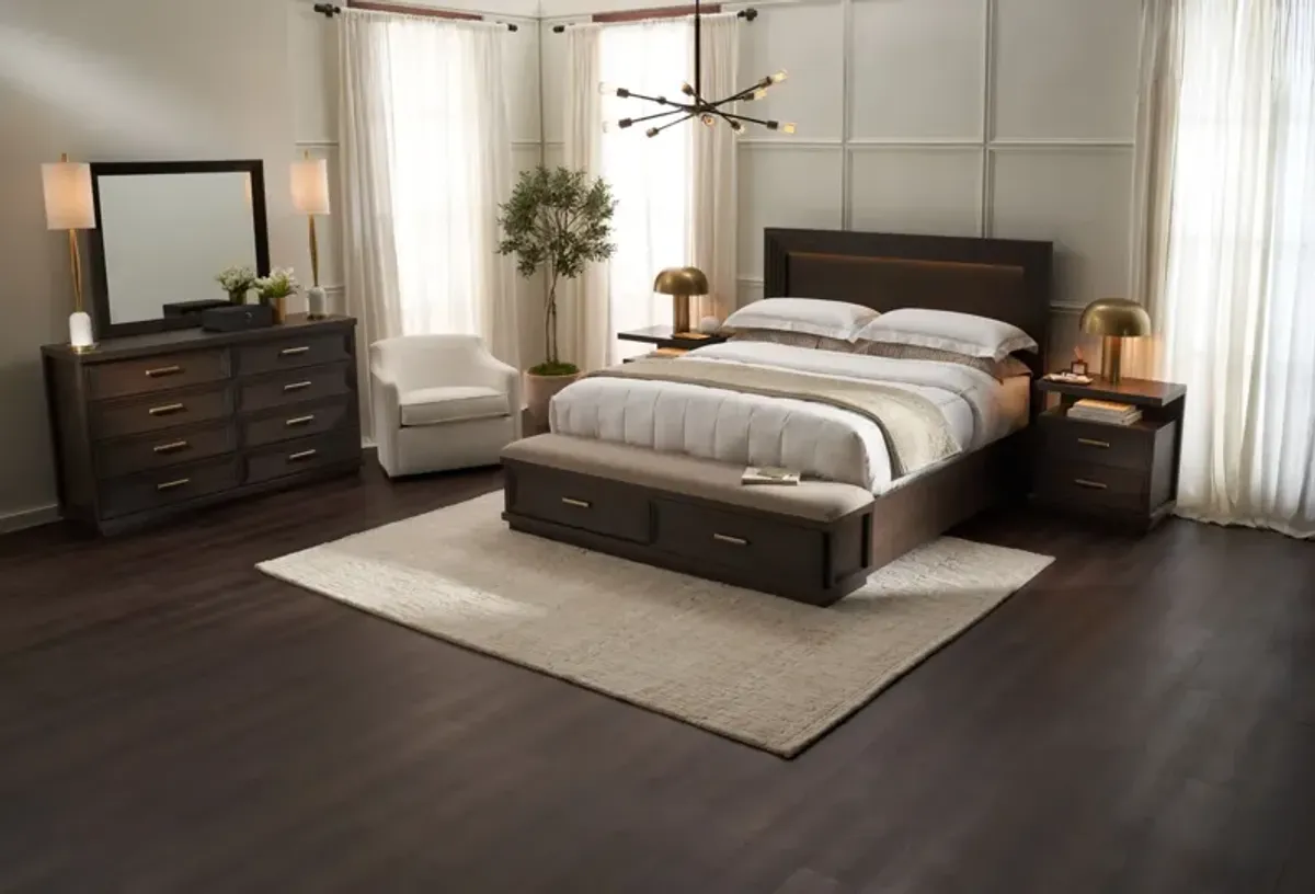 Arielle 6-Piece King Bedroom Set with Storage Bed, Nightstand with USB Charging, Dresser and Mirror