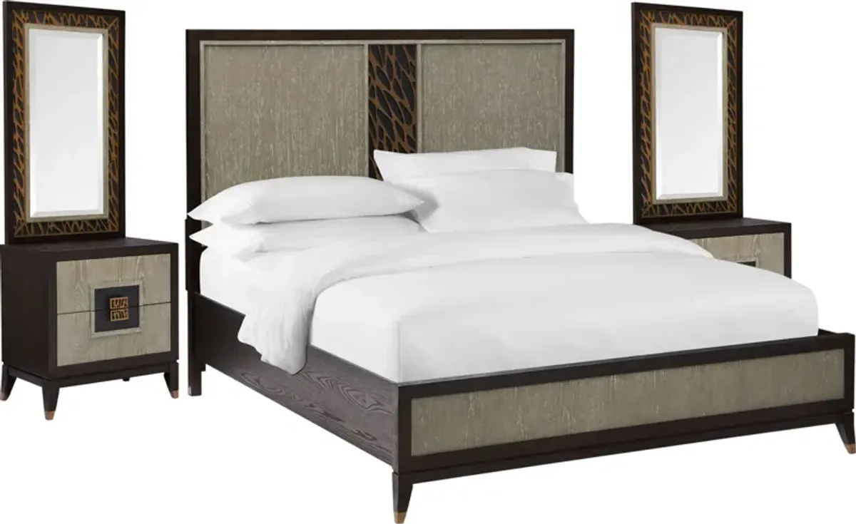 Olivia 7-Piece King Bedroom Set with 2 Nightstands with Mirrors - Ebony