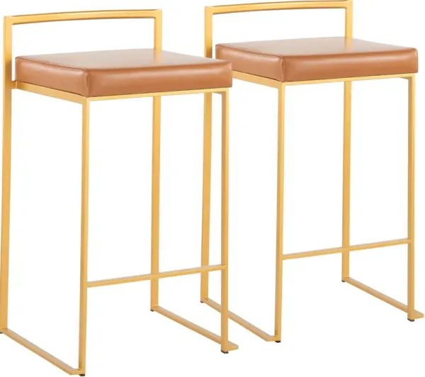 Reine Set of 2 Vegan Leather Counter-Height Stools - Gold/Camel