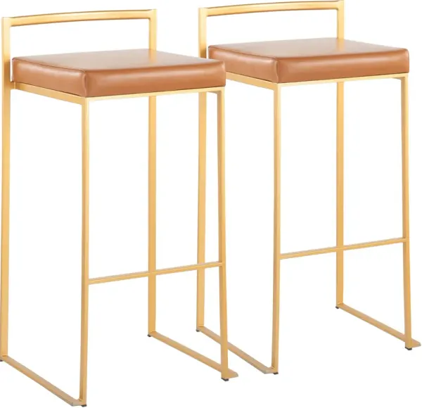 Reine Set of 2 Vegan Leather Bar Stools - Gold/Camel