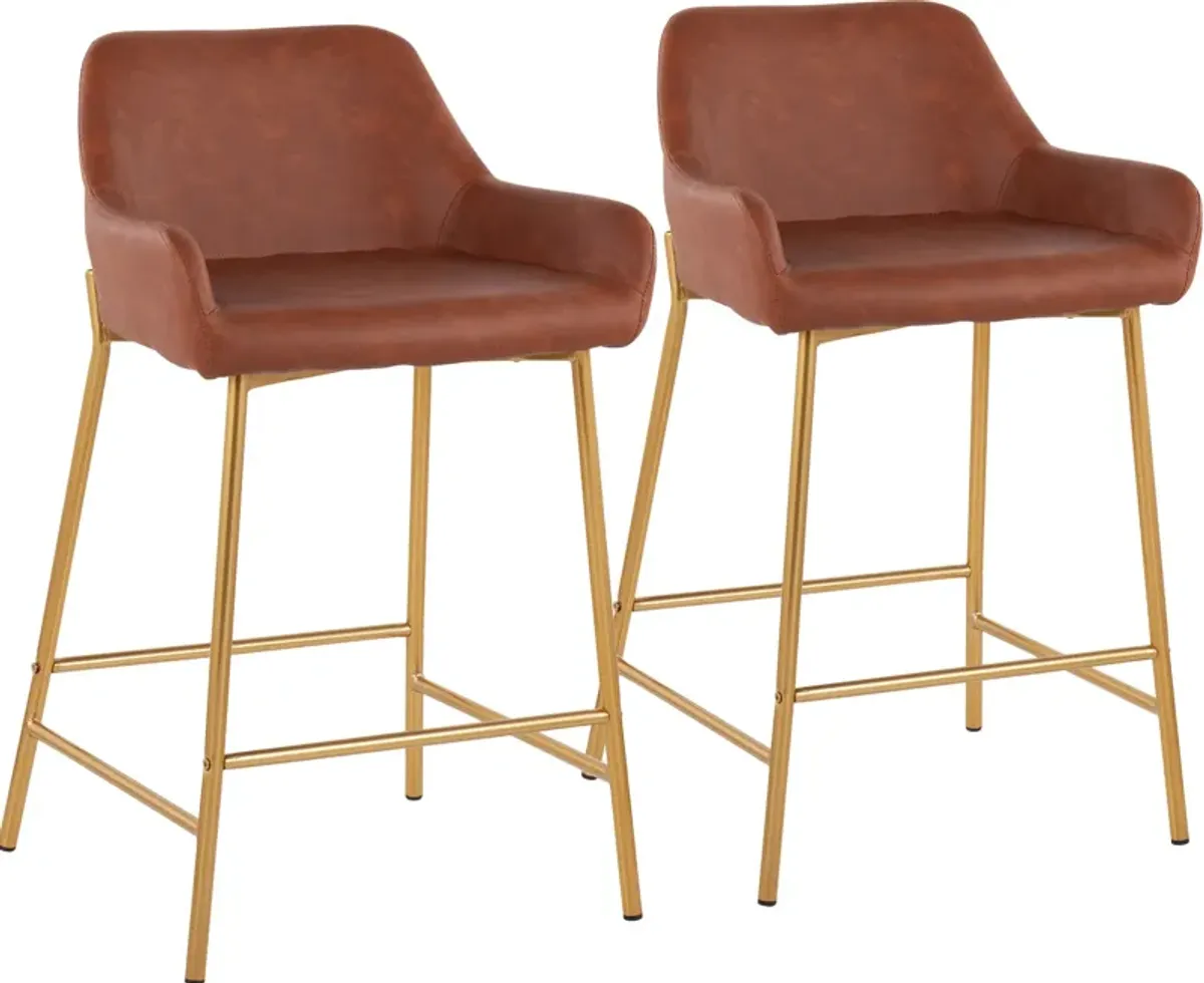 Prague Set of 2 Vegan Leather Counter-Height Stools - Gold/Camel