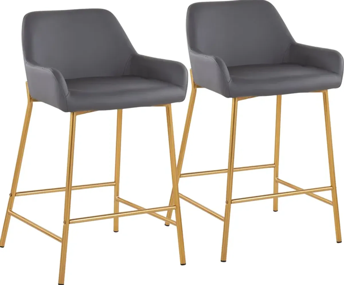 Prague Set of 2 Vegan Leather Counter-Height Stools - Gold/Gray