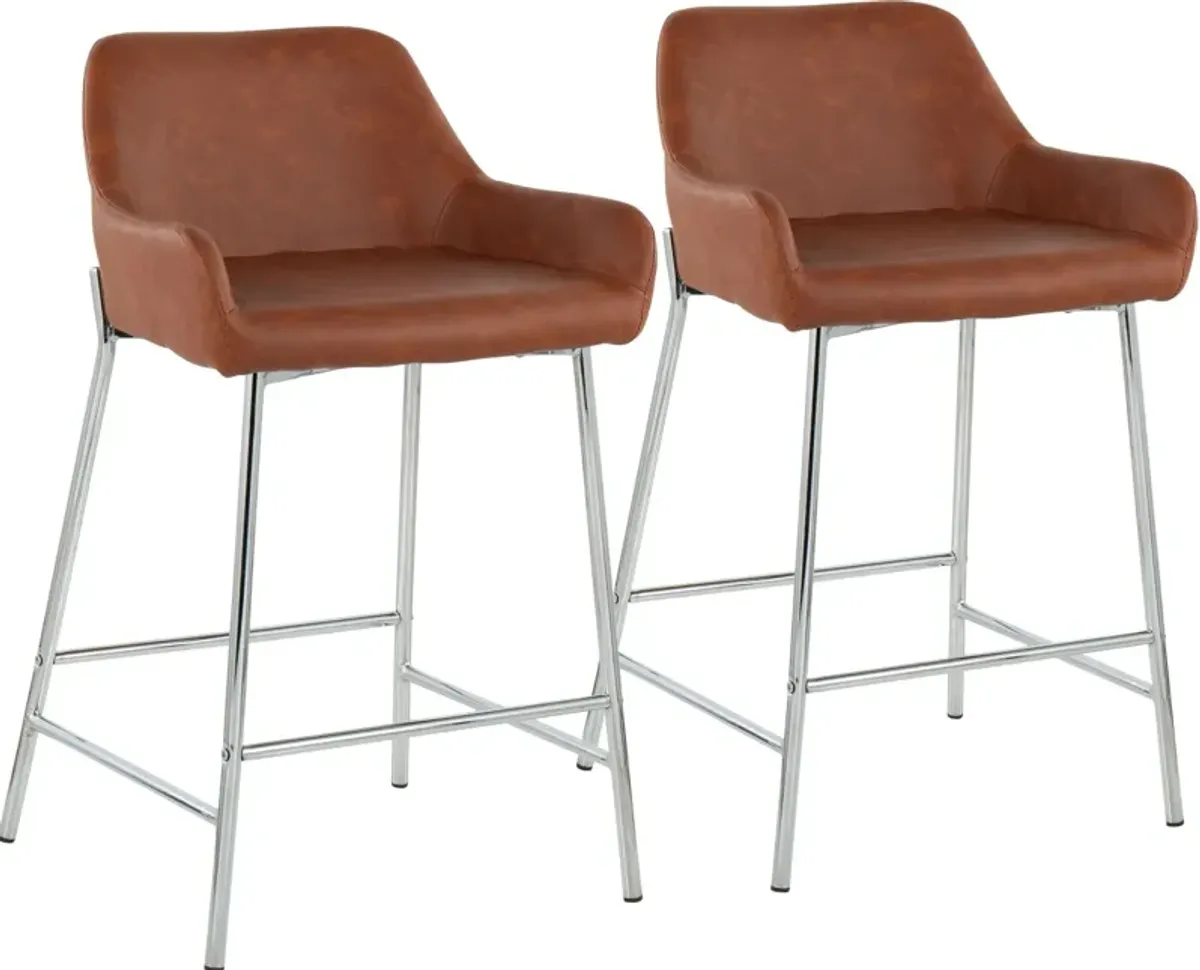 Prague Set of 2 Vegan Leather Counter-Height Stools - Chrome/Camel