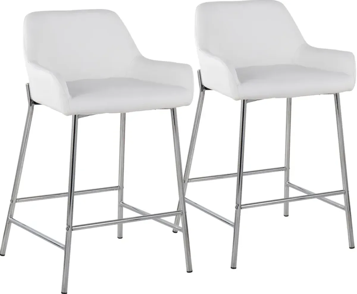 Prague Set of 2 Vegan Leather Counter-Height Stools - Chrome/White