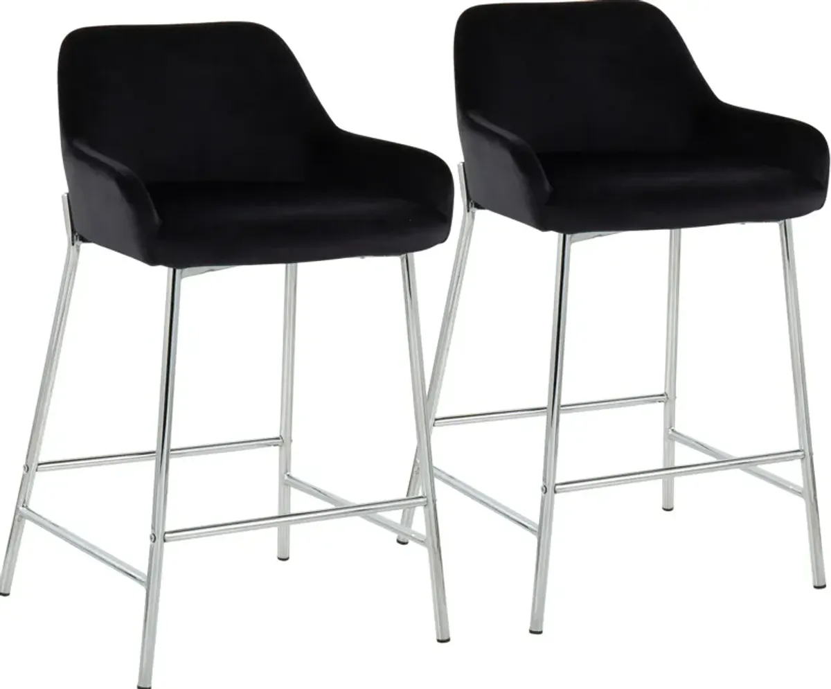 Prague Set of 2 Velvet Counter-Height Stools - Chrome/Black