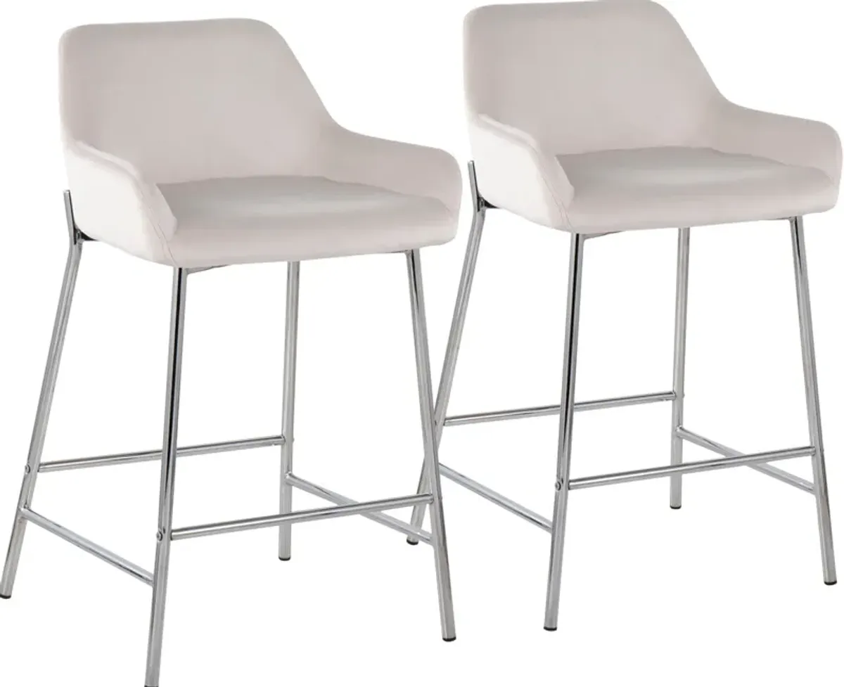 Prague Set of 2 Velvet Counter-Height Stools - Chrome/White