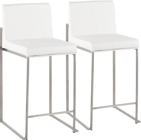 Reine Set of 2 Vegan Leather Counter-Height Stools - Stainless Steel/White
