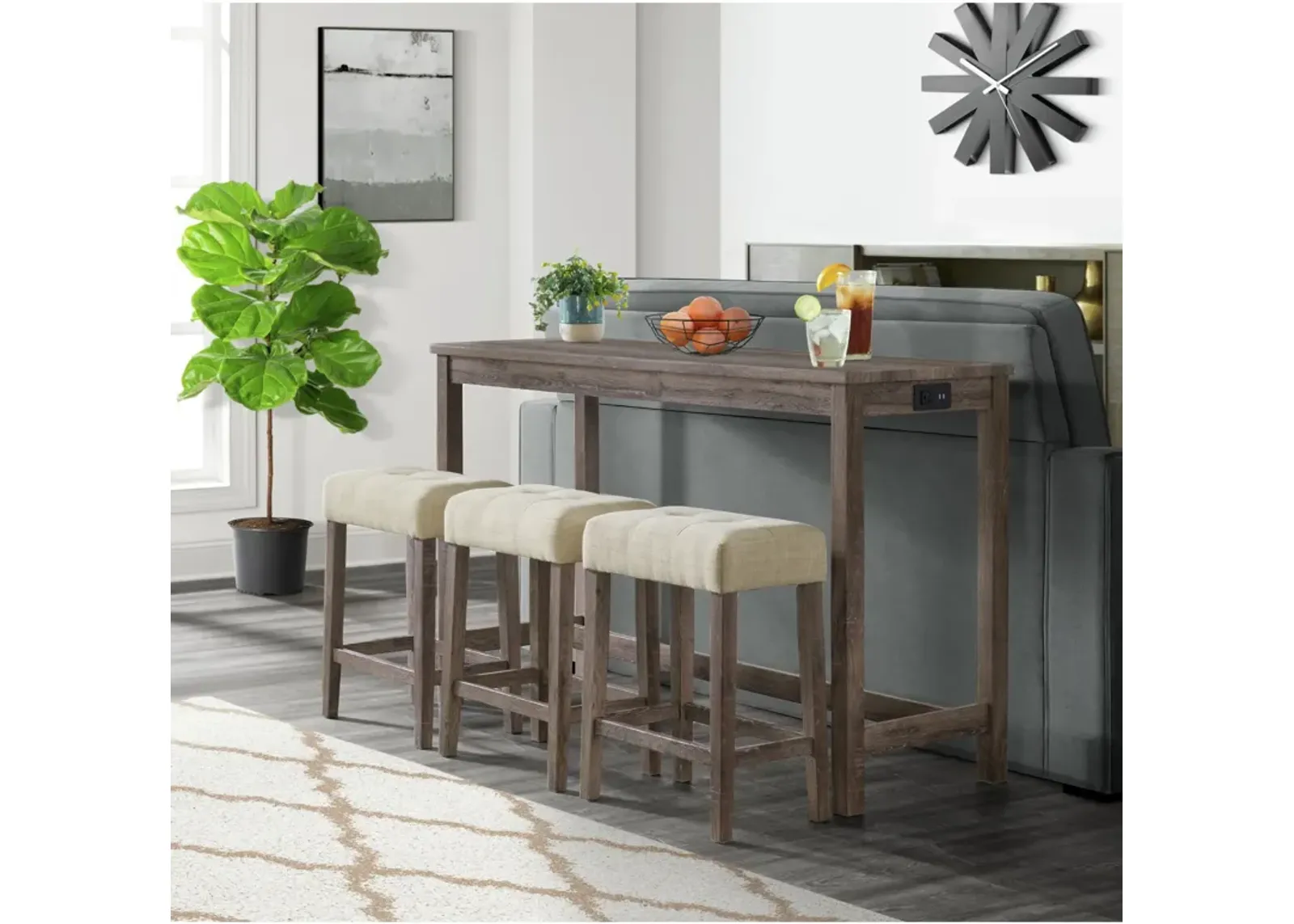 Mirabelle Bar-Height Dining Set with Table with USB Charging and 3 Stools - Gray