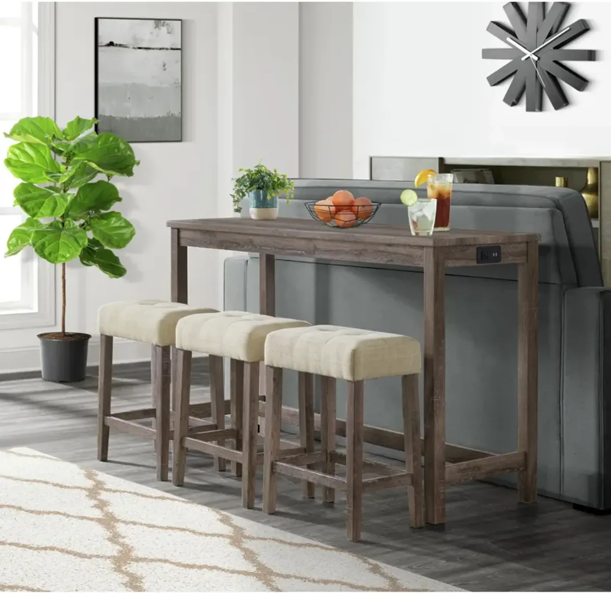 Mirabelle Bar-Height Dining Set with Table with USB Charging and 3 Stools - Gray