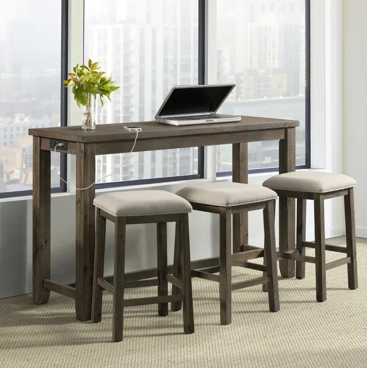 Damaris Bar-Height Dining Set with Table with USB Charging and 3 Stools - Gray